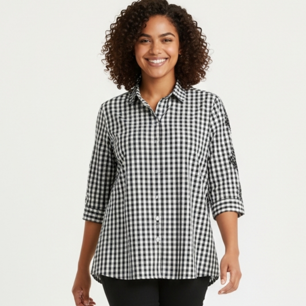 Stroke Balck White Gingham Cross Stitch Embroidered Button Front Shirt XL (Bx30)